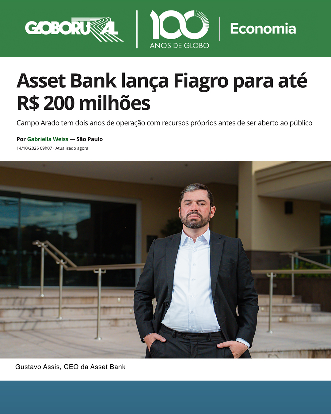 "Asset Bank lança Fiagro para até R$ 200 milhões" - Globo Rural